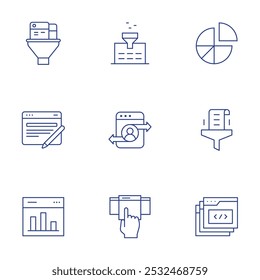Seo icons set. Thin Line style, editable stroke. data, web traffic, writing, statistics, subscription, tabs, filter, pie chart.