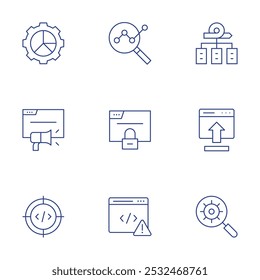 Seo ícones definidos. Estilo de Linha Fina, traçado editável. lógica analítica, navegador, codificação, framework, inserir, lupa.