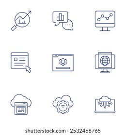 Seo ícones definidos. Estilo de Linha Fina, traço editável. analítica, navegador, serviço de nuvem, análise, analítico, nuvem.