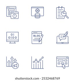 Conjunto de iconos Seo. Estilo de línea delgada, trazo editable. adware, código binario, gráfico, ai, análisis, blog, blogueo, Hacer clic.