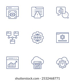 Set von Semicons. Stil der dünnen Linie, bearbeitbarer Strich. analytic, browser, cloud, ansicht, warnung, web-verkehr, website, welt.