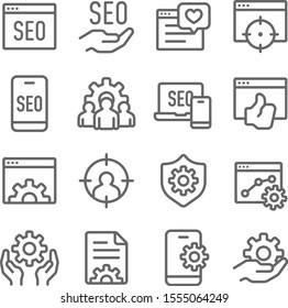 SEO icons set vector illustration. Contains such icon as strategy, marketing, website, target, search engine optimization and more. Expanded Stroke