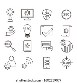 SEO icons set vector illustration. Contains such icon as strategy, marketing, website, target, 
search engine optimization and more. Expanded Stroke