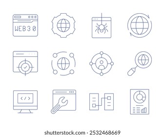 Ícones Seo. Thin Line style, editable strom. web, target, prototype, global, internet, manutenção, análise de mercado, programação, dark web.