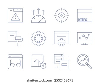 Seo icons. Thin Line style, editable stroke. theme, web, high performance, https, line graph, optimization, reading, redirect, world grid, error, eye.