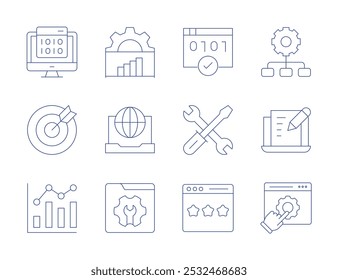 Seo icons. Thin Line style, editable stroke. technical support, target, rating, graph, hierarchy, laptop, online service, ranking, encryption.