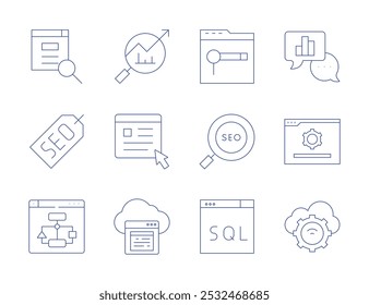 Seo icons. Thin Line style, editable stroke. searching, seo, sql, sitemap, analysis, analytic, browser, cloud.