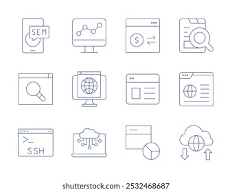 Iconos de Seo. Estilo de línea delgada, trazo editable. sem, seo, ssh, transaccion, análisis de Web, Sitio web, análisis, navegador, servicio en la nube, nube.