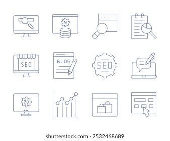 Seo icons. Thin Line style, editable stroke. search, seo, settings, shopping online, ai, analysis, blog, blogging, chart, click.