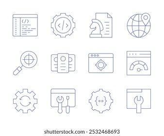 Seo-Symbole. Stil der dünnen Linie, bearbeitbarer Strich. Codierung, Content-Strategie, Ziel, Getriebe, Geolokalisierung, Schnittstellen, Internet, Wartung, Prozess, Verarbeitung.