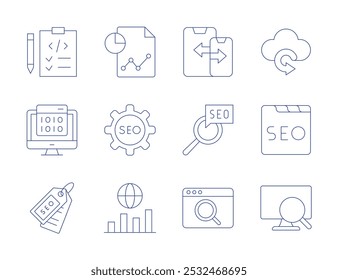 Seo icons. Thin Line style, editable stroke. encryption, restore, seo, report, responsive design, tag, planning.