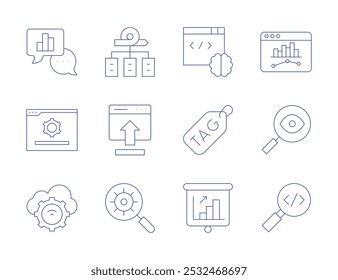 Ícones Seo. Estilo de linha fina, traço editável. codificação, analítico, navegador, nuvem, tag, apresentação, framework, inserir, insight, lente de aumento, tráfego da web.