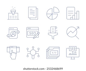 Seo-Symbole. Stil der dünnen Linie, bearbeitbarer Strich. Daten, Web-Verkehr, Bericht, SEO, Abonnement, Tabs, Filter, Tortendiagramm.