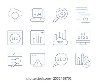 Seo icons. Thin Line style, editable stroke. adware, bar chart, binary code, caution, chart, search, seo, web.