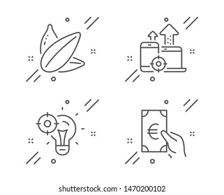Seo idea, Seo devices and Sunflower seed line icons set. Finance sign. Performance, Mobile stats, Vegetarian food. Eur cash. Business set. Line seo idea outline icon. Vector