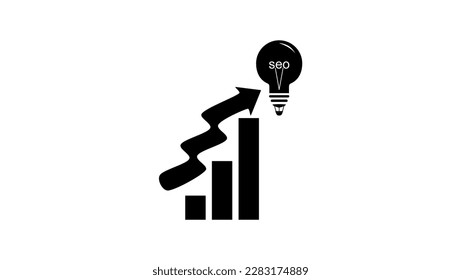 SEO idea, Light bulb like Hot air balloon silhouette, arrow and Growing graph symbol