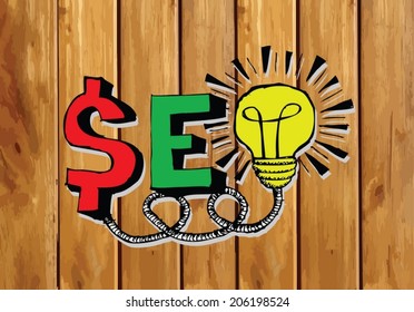 Seo Idea SEO Search Engine Optimization on wood background planks texture illustration