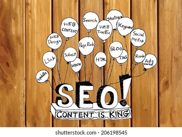 Seo Idea SEO Search Engine Optimization on wood background planks texture illustration