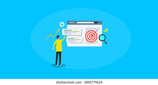 SEO illustration, SEO traffic, browsing search result, digital marketing - vector banner with character and icons