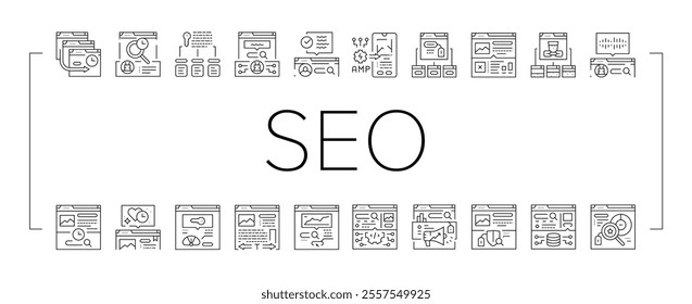 seo improve top website icons set vector. optimization social, analytics strategy, local service, analysis media, engine seo improve top website black contour illustrations