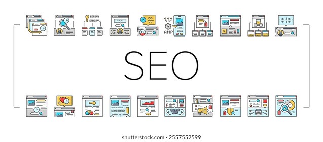 seo improve top website icons set vector. optimization social, analytics strategy, local service, analysis media, engine seo improve top website color line illustrations