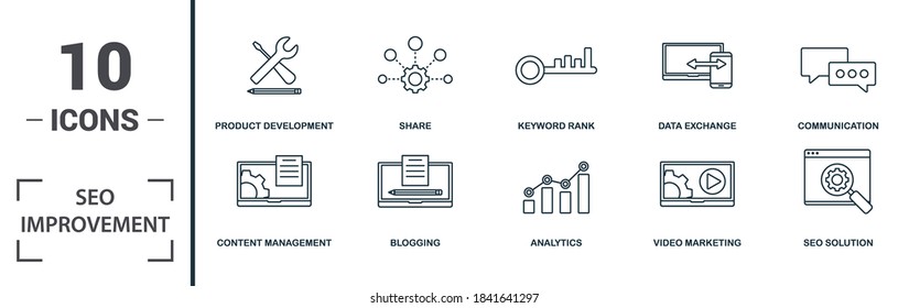 Seo Improvement icon set. Collection of simple elements such as the money online, code optimization, content management, blogging. Seo Improvement theme signs.