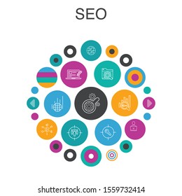 SEO Infographic circle concept. Smart UI elements Search engine, Target keywords, Web analytics, SEO monitoring
