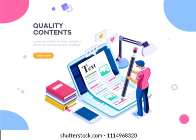 Seo infographic, content for creative blog post. Blogger character. Can use for web banner, infographics, hero images. Flat isometric character, vector illustration isolated on white background.
