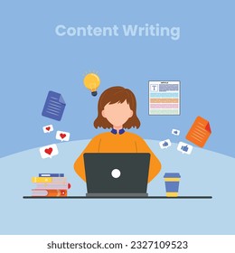SEO infographic, content for creative blog post. Blogger character. Creative writing. Copy writer. Content management. Use for web banner, infographics, hero images. Flat isometric character, vector