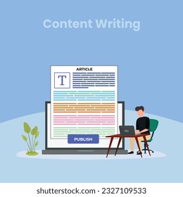 Infografía de SEO, contenido para un post de blog creativo. Carácter blogger. Escritura creativa. Copiar escritor. Administración de contenido. Uso para banner web, infografías, imágenes de héroes. Carácter isométrico plano, vector