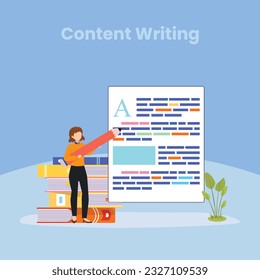 SEO infographic, content for creative blog post. Blogger character. Creative writing. Copy writer. Content management. Use for web banner, infographics, hero images. Flat isometric character, vector