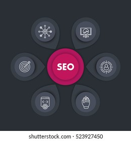 seo infographics template design with linear icons, search engine optimization, internet marketing, web page indexing