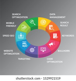 Seo Infographics vector design. Timeline concept include search optimization, data management, search result icons. Can be used for report, presentation, diagram, web design.