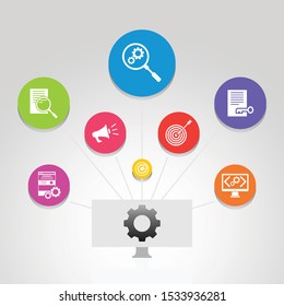 Seo Infographics vector design. Timeline concept include search optimization, data management, search result icons. Can be used for report, presentation, diagram, web design.