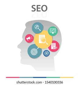 Seo Infographics vector design. Timeline concept include search optimization, data management, search result icons. Can be used for report, presentation, diagram, web design.