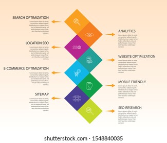 Seo Infographics vector design. Timeline concept include search optimization, data management, search result icons. Can be used for report, presentation, diagram, web design.