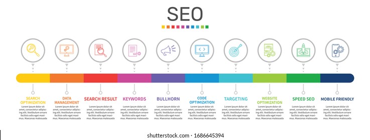 Diseño vectorial Seo Infographics. El concepto de línea de tiempo incluye optimización de búsqueda, administración de datos, iconos de resultados de búsqueda. Se puede utilizar para informes, presentaciones, diagramas, diseño web.