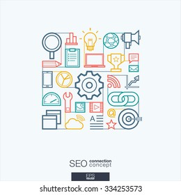 SEO integrated thin line symbols. Modern linear style vector concept, with connected flat design icons. Abstract background illustration for digital network, analytics, social media and market concept