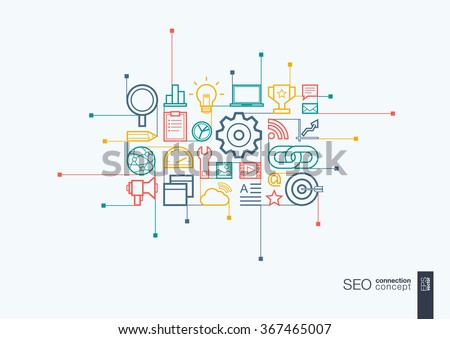 SEO integrated thin line symbols. Modern linear style vector concept, with connected flat design icons. Abstract background illustration for digital network, analytics, social media and market concept