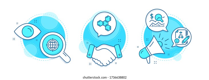 Seo internet, Chemical formula and Check investment line icons set. Handshake deal, research and promotion complex icons. Algorithm sign. Globe, Chemistry, Business report. Project. Vector