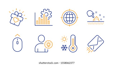 Seo internet, Seo graph and Weather thermometer line icons set. Swipe up, Skin moisture and Love gift signs. User idea, E-mail symbols. Globe, Analytics chart. Line seo internet icon. Vector