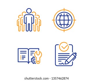 Seo internet, Group and Engineering documentation icons simple set. Rfp sign. Globe, Managers, Manual. Request for proposal. Technology set. Linear seo internet icon. Colorful design set. Vector