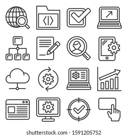 Ícones de SEO e Internet definidos em fundo branco. Vetor de Estilo de Linha