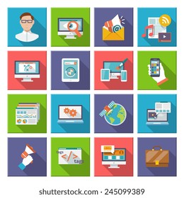 Seo internet marketing computer design elements flat icon set isolated vector illustration