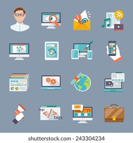 Seo internet marketing computer software application flat icon set isolated vector illustration