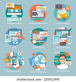 Seo Internet Marketing Flat Icon Set With Display Contextual Advertising E-mail Marketing Concepts Isolated Vector Illustration