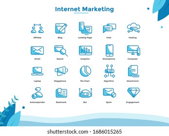 Seo and internet marketing icon set. Use filled outline with blue color. Good for your business in finance, marketing and best for your app