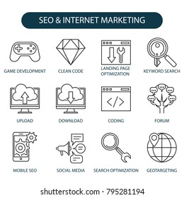 SEO and internet marketing icon set line style, game development, clean code, landing page optimization, keyword search, upload, download, coding, forum, mobile seo, social media, search optimization,