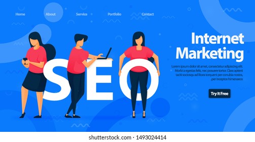 SEO for internet marketing landing page template design. Optimize website to get better traffic and find better keyword for your content. Vector Illustration For Web, Landing Page, Banner, Mobile Apps