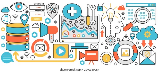 Seo internet network technology. Digital target analysis for optimization, business growth and development, report and promotion online service in infographic concept banner, thin line art design